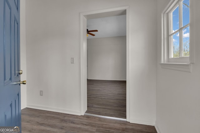 spare room featuring dark hardwood / wood-style flooring and ceiling fan