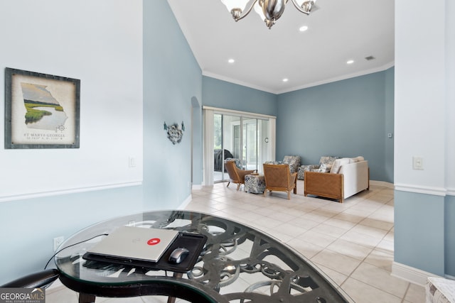 interior space with ornamental molding and an inviting chandelier