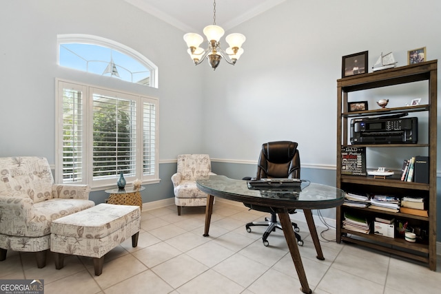 tiled office space featuring a notable chandelier and crown molding