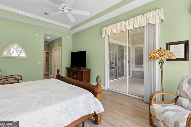 bedroom with crown molding, access to exterior, ceiling fan, and light hardwood / wood-style flooring