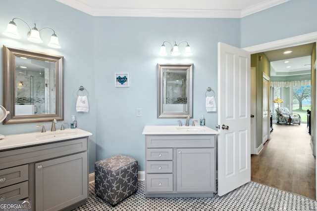 bathroom featuring ornamental molding and vanity