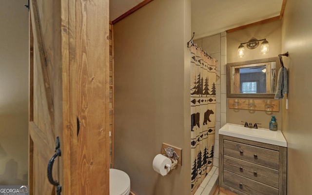 bathroom featuring vanity, toilet, and curtained shower