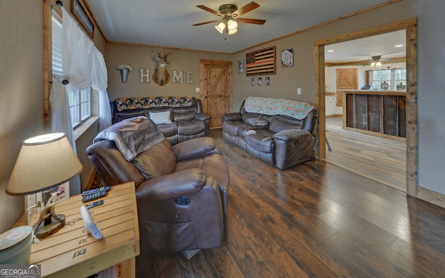 living room featuring hardwood / wood-style flooring, ornamental molding, and a wealth of natural light