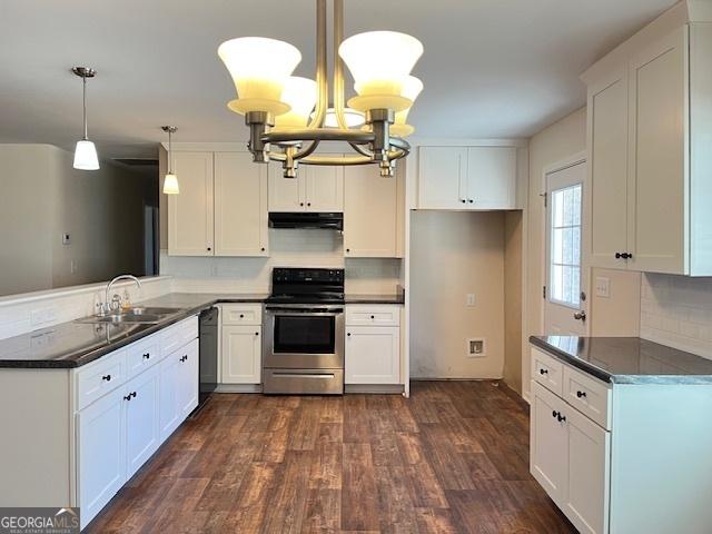 kitchen with sink, dishwasher, pendant lighting, stainless steel electric stove, and white cabinets