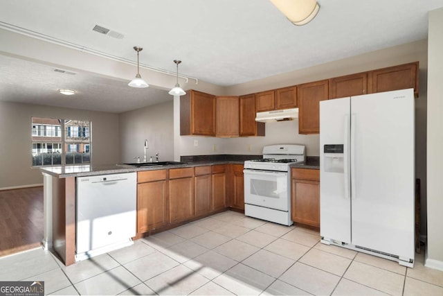 kitchen with light tile patterned flooring, sink, kitchen peninsula, pendant lighting, and white appliances