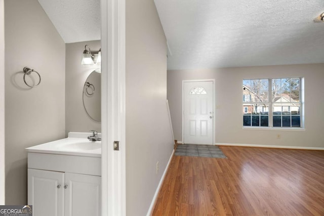 foyer with sink, a textured ceiling, and light hardwood / wood-style floors