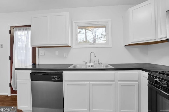 kitchen with white cabinetry, sink, stainless steel dishwasher, and black gas range oven