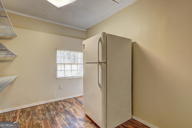 kitchen featuring dark hardwood / wood-style flooring and white fridge