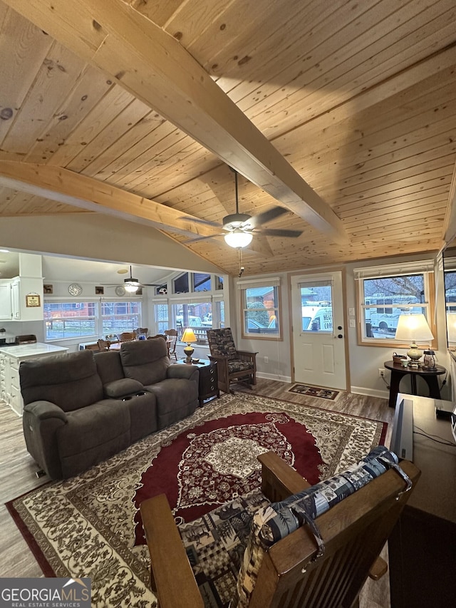 living room featuring wood ceiling, ceiling fan, hardwood / wood-style floors, and vaulted ceiling with beams