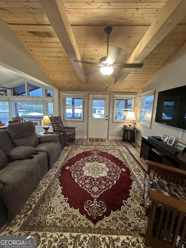 living room with wood-type flooring, lofted ceiling with beams, and wooden ceiling