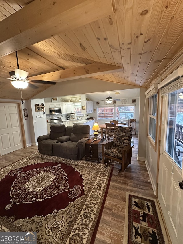 living room featuring hardwood / wood-style flooring, a healthy amount of sunlight, lofted ceiling with beams, and wooden ceiling