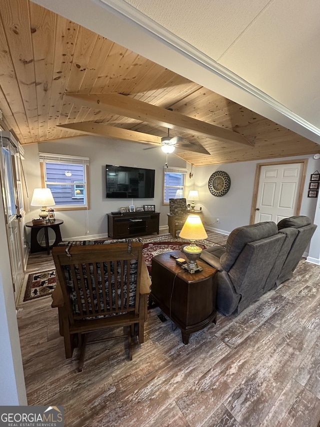 living room featuring lofted ceiling with beams, wood-type flooring, wooden ceiling, and ceiling fan