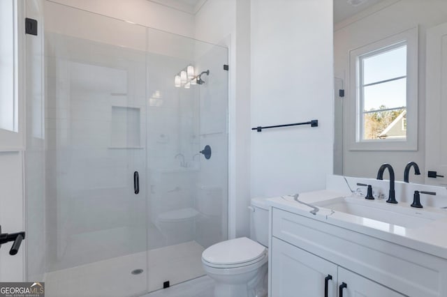 bathroom featuring vanity, toilet, and an enclosed shower