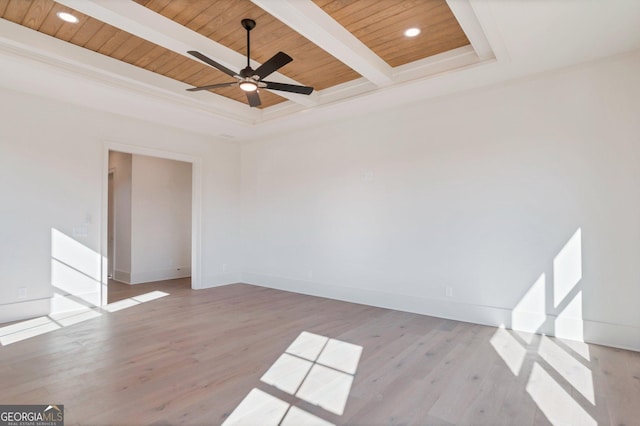 spare room with beamed ceiling, ceiling fan, light hardwood / wood-style floors, and wooden ceiling