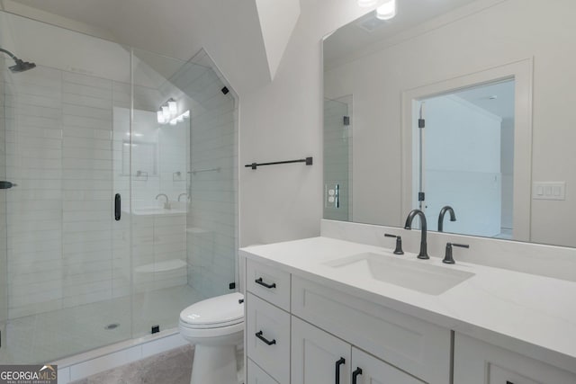 bathroom with vanity, an enclosed shower, tile patterned flooring, and toilet