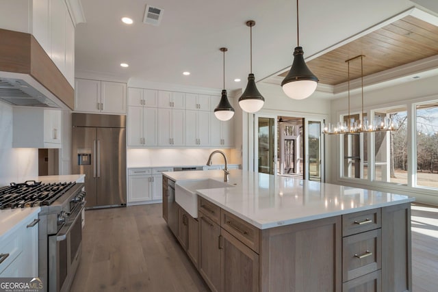 kitchen featuring sink, custom exhaust hood, premium appliances, a large island, and white cabinets