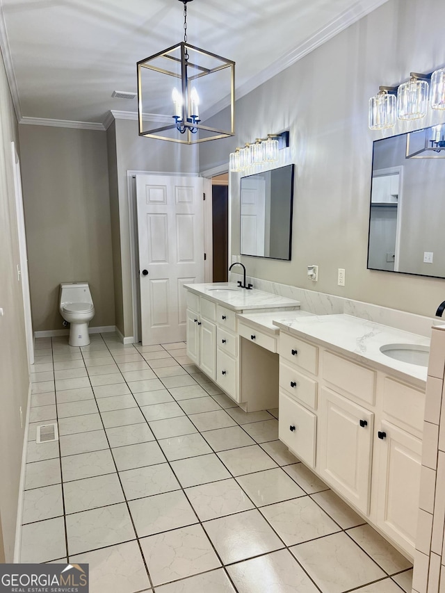 full bath with double vanity, tile patterned floors, a sink, and crown molding