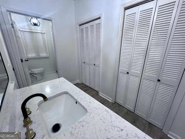 full bathroom featuring a closet, vanity, toilet, and wood finished floors