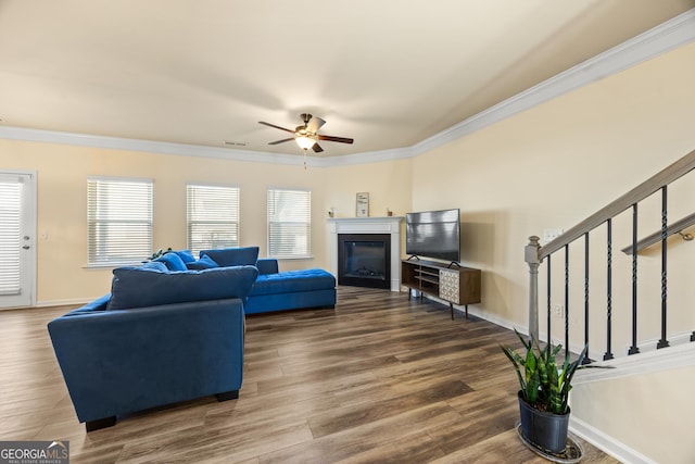 living room with crown molding, ceiling fan, and dark wood-type flooring