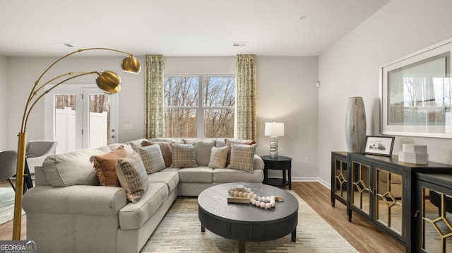 living room featuring a wealth of natural light and light hardwood / wood-style floors