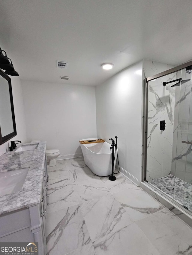 full bathroom featuring shower with separate bathtub, vanity, and toilet