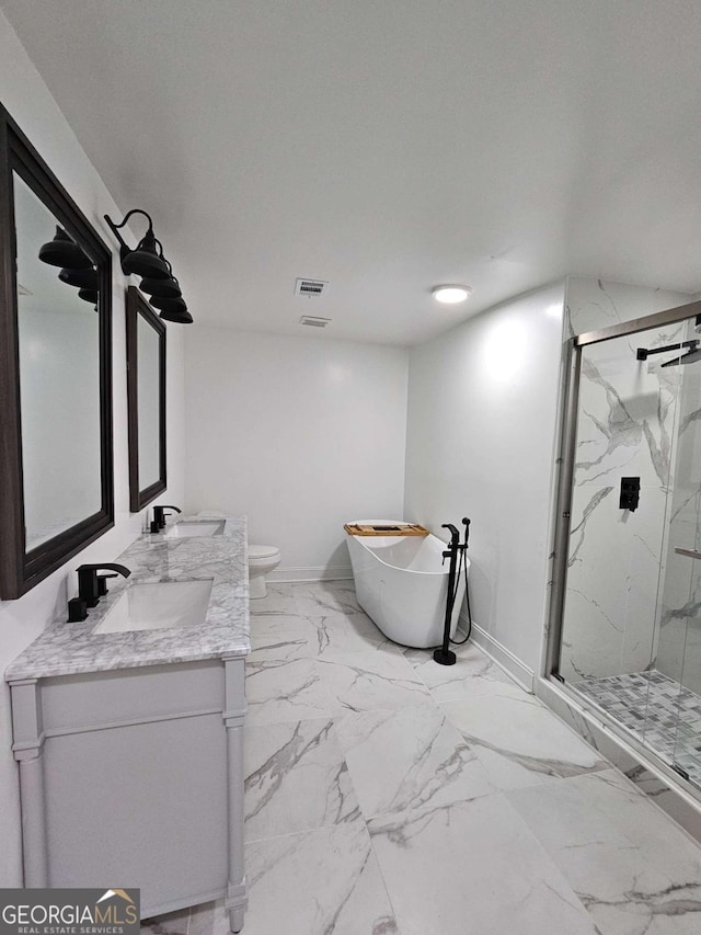 full bathroom with independent shower and bath, vanity, and toilet