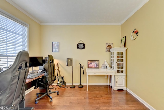 office area featuring crown molding and hardwood / wood-style floors