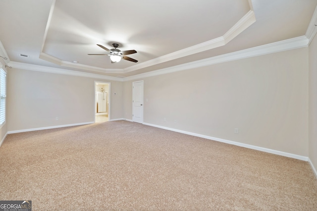 carpeted spare room with ceiling fan, ornamental molding, and a tray ceiling