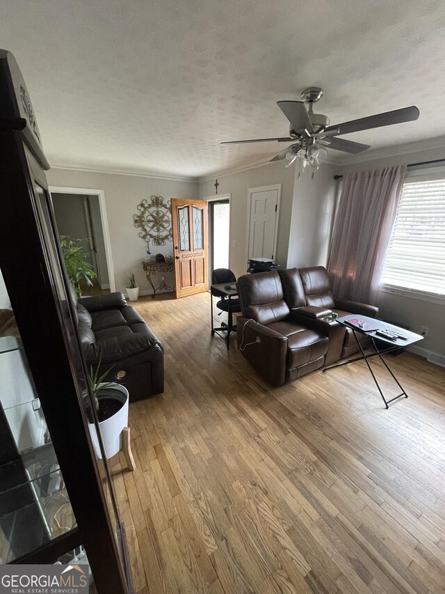 living room featuring wood-type flooring, ceiling fan, a textured ceiling, and crown molding