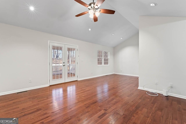 unfurnished living room featuring dark hardwood / wood-style flooring, high vaulted ceiling, french doors, and ceiling fan