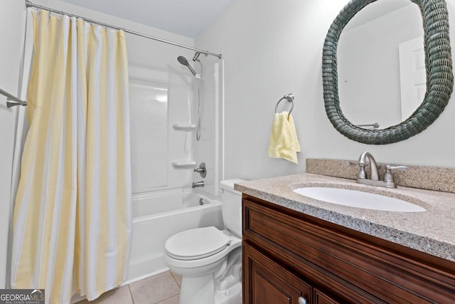 full bathroom featuring shower / bath combination with curtain, tile patterned floors, toilet, and vanity