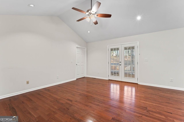 unfurnished room featuring dark hardwood / wood-style flooring, high vaulted ceiling, french doors, and ceiling fan