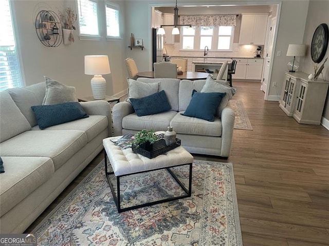 living room featuring dark wood-type flooring and plenty of natural light