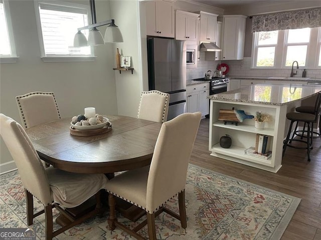 dining space featuring sink and dark wood-type flooring