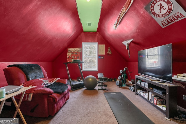 exercise room featuring vaulted ceiling and carpet floors