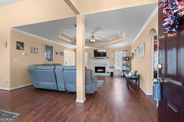 living room featuring dark hardwood / wood-style flooring, a premium fireplace, a raised ceiling, and ceiling fan