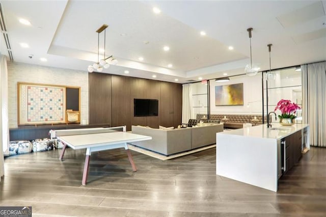 interior space featuring a raised ceiling, sink, and dark hardwood / wood-style floors