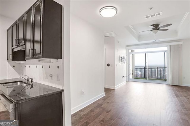 kitchen with sink, dark stone countertops, dark hardwood / wood-style floors, a raised ceiling, and ceiling fan