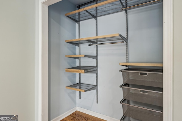 walk in closet with wood-type flooring