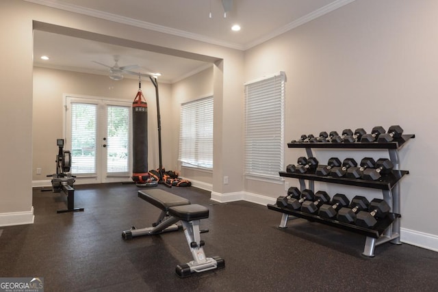 exercise room featuring french doors, ceiling fan, and ornamental molding