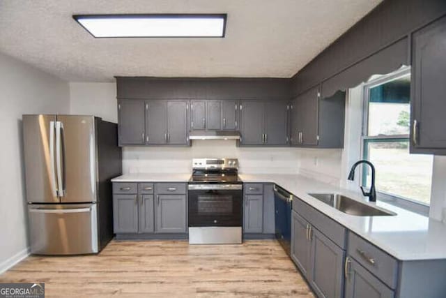 kitchen with sink, gray cabinets, stainless steel appliances, and light wood-type flooring