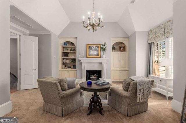 living room with an inviting chandelier, light colored carpet, vaulted ceiling, and built in features