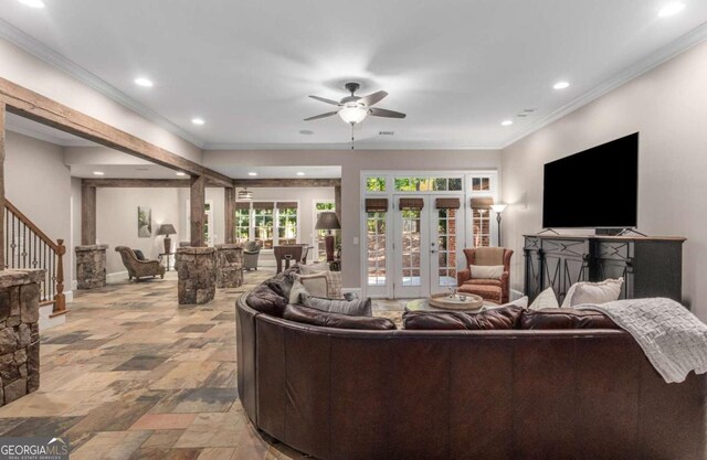 living room featuring crown molding, french doors, and ceiling fan