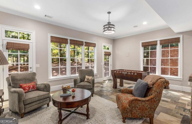 living room featuring ornamental molding