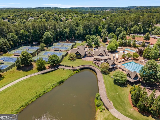 drone / aerial view with a water view