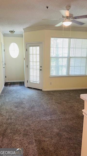 interior space with crown molding, ceiling fan, and a textured ceiling