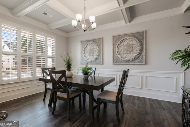 dining area featuring coffered ceiling, a chandelier, dark hardwood / wood-style floors, and beamed ceiling