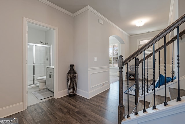 foyer entrance featuring ornamental molding and dark hardwood / wood-style flooring