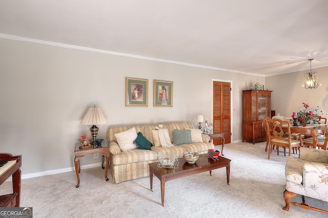 living room featuring light colored carpet, ornamental molding, and a chandelier