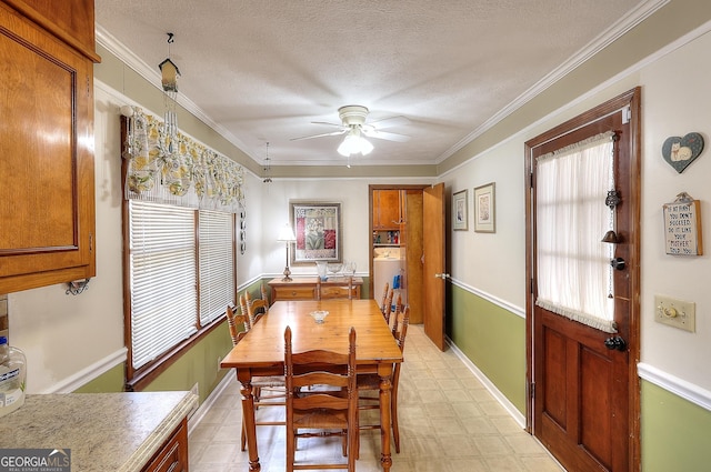 dining area featuring ceiling fan, a wealth of natural light, ornamental molding, and a textured ceiling